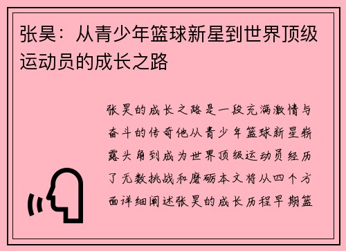 张昊：从青少年篮球新星到世界顶级运动员的成长之路
