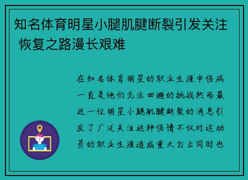 知名体育明星小腿肌腱断裂引发关注 恢复之路漫长艰难