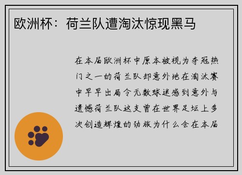 欧洲杯：荷兰队遭淘汰惊现黑马